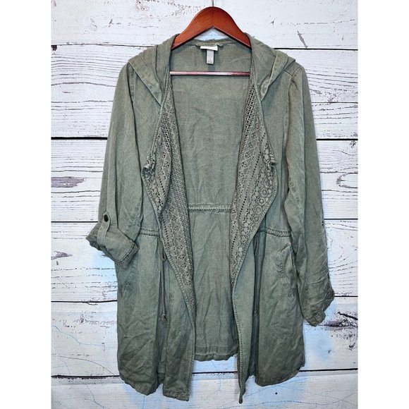 Knox Rose Jackets & Blazers - Knox Rose Roll Tab Sleeve Olive Green Open Front Hooded Utility Jacket SZ L